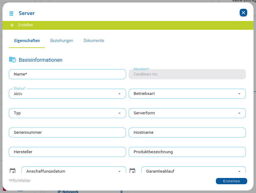 „Server erstellen"-Dialog in der Suite+