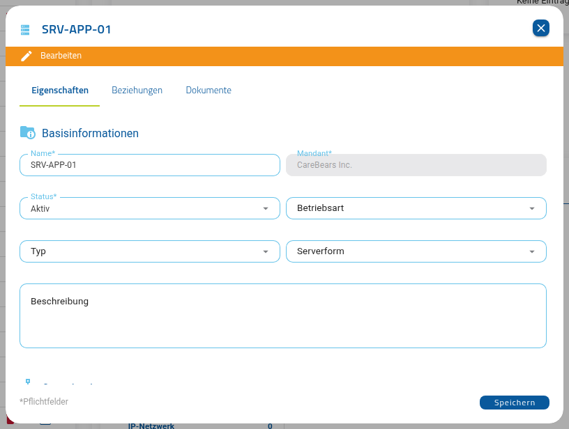 Bearbeitungs-Dialog für ein i-doit-up-Asset mit reduzierten Feldern