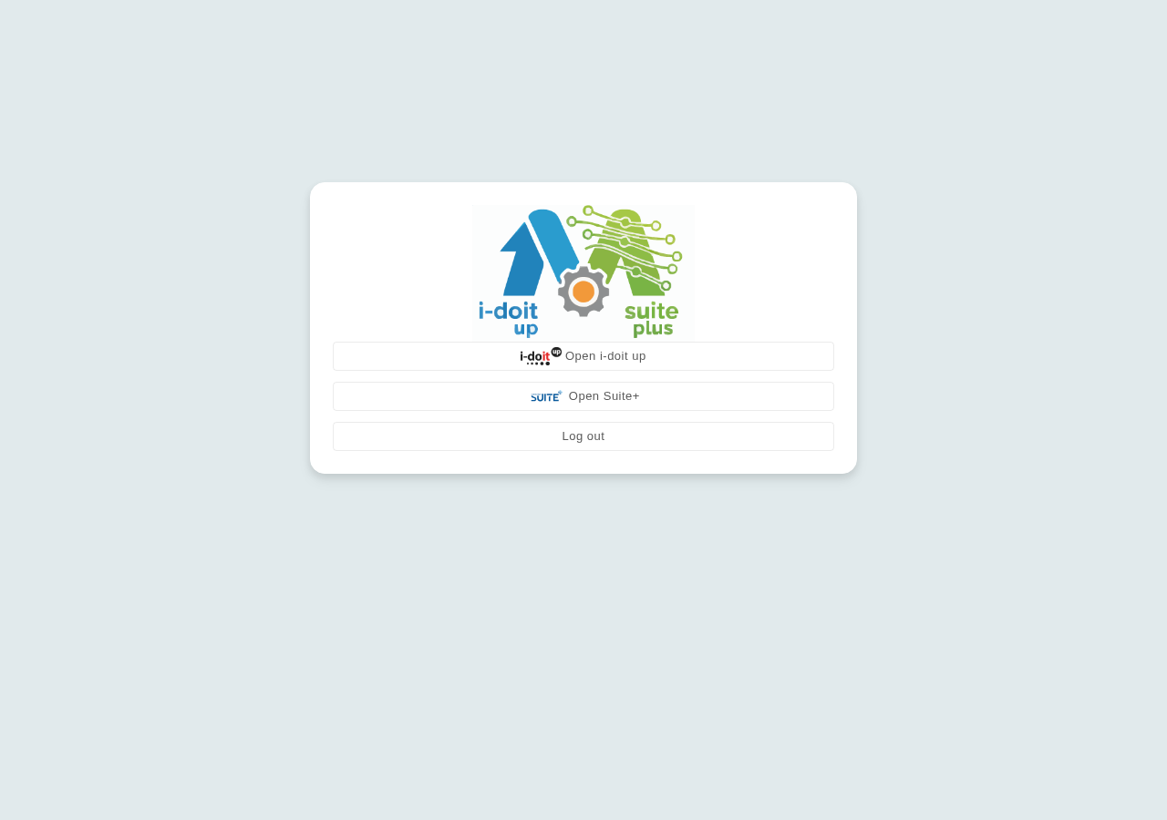 i-suite-it Startseite mit den Schaltflächen „Open i-doit up" und „Open Suite+"